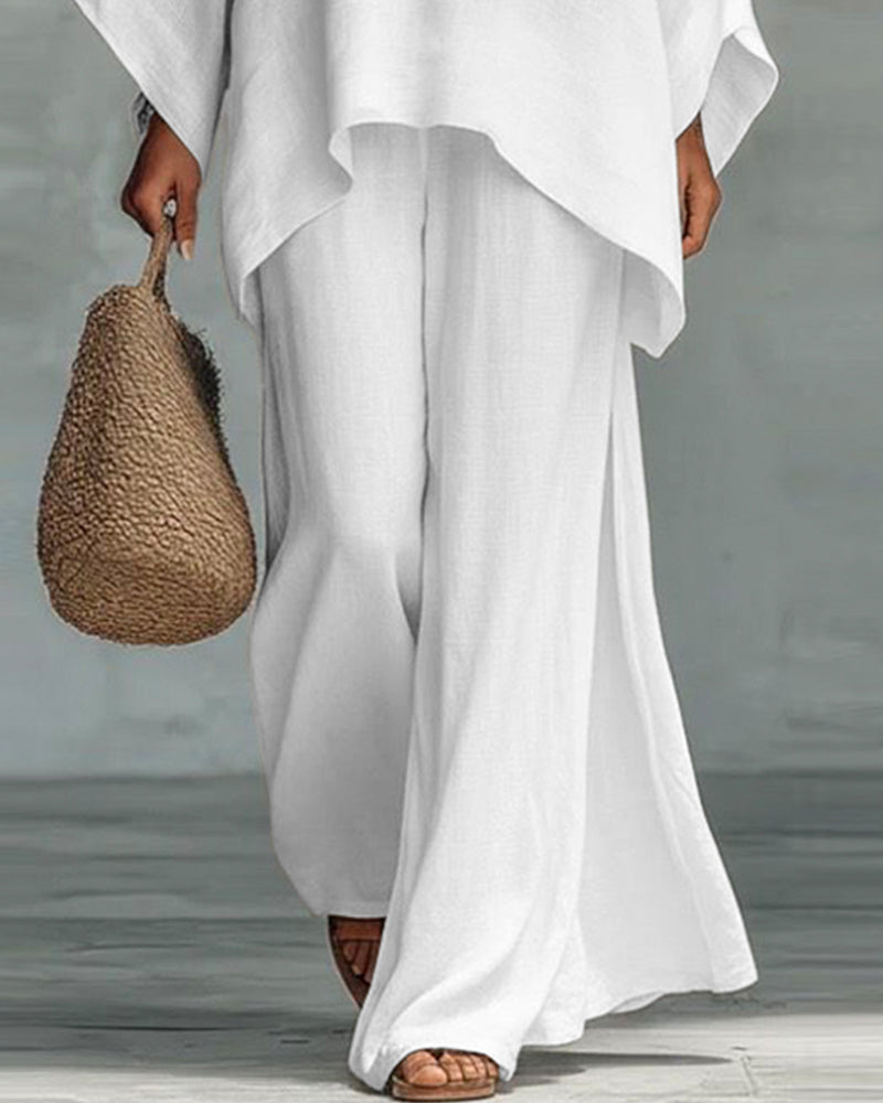 Karen | Linen Blend Cape Style Top and Wide Legs Pants Set