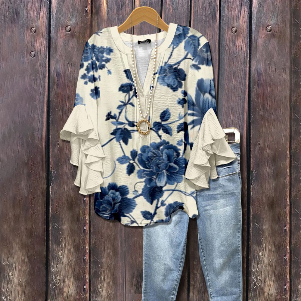 Blairly | Vintage Retro Ruffle Sleeve Floral Blouse