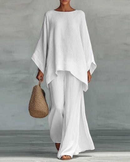 Karen | Linen Blend Cape Style Top and Wide Legs Pants Set