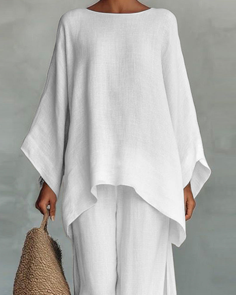 Karen | Linen Blend Cape Style Top and Wide Legs Pants Set