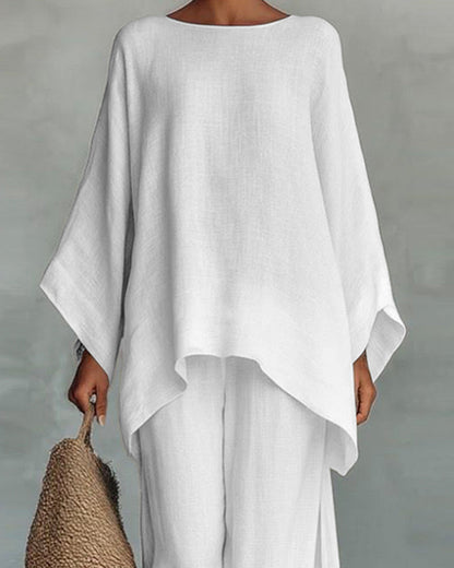 Karen | Linen Blend Cape Style Top and Wide Legs Pants Set