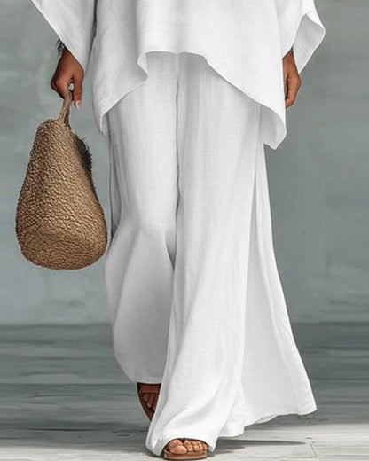 Karen | Linen Blend Cape Style Top and Wide Legs Pants Set
